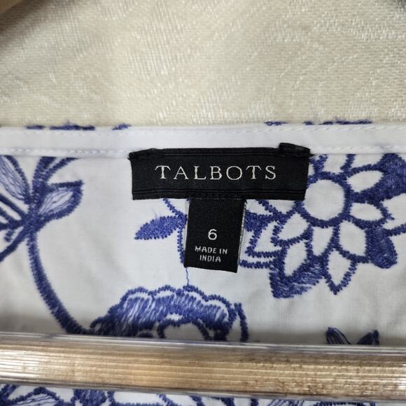 Talbots Top sz 6 Blue White Floral Embroidered 100% Cotton Scalloped Peplum Hem - Picture 10 of 14